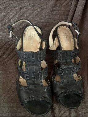 Coach Black Leather Cutout Slingback Heels